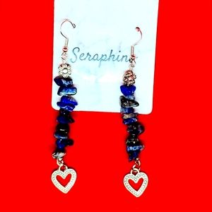 Lapis Lazuli Natural Stone Silver Heart Charm ❤️ Dangle Earrings